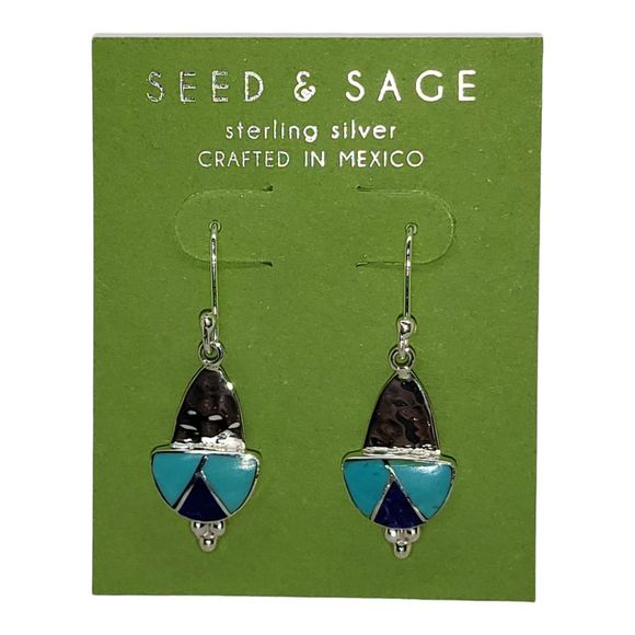 Mexico Hammered 925 Sterling Silver Turquoise and Lapis Drop Dangle Earrings - Picture 2 of 4